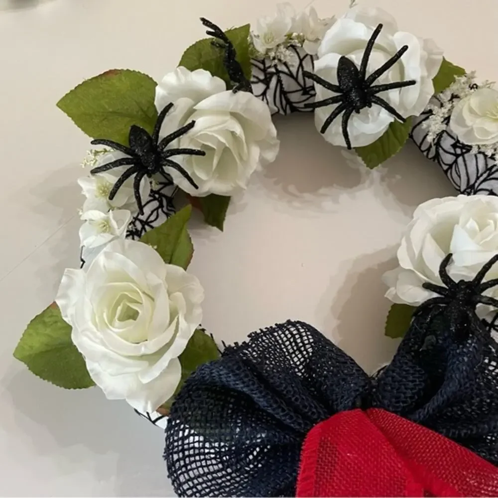 Halloween Spider Wreath White Roses Black Bow 11
